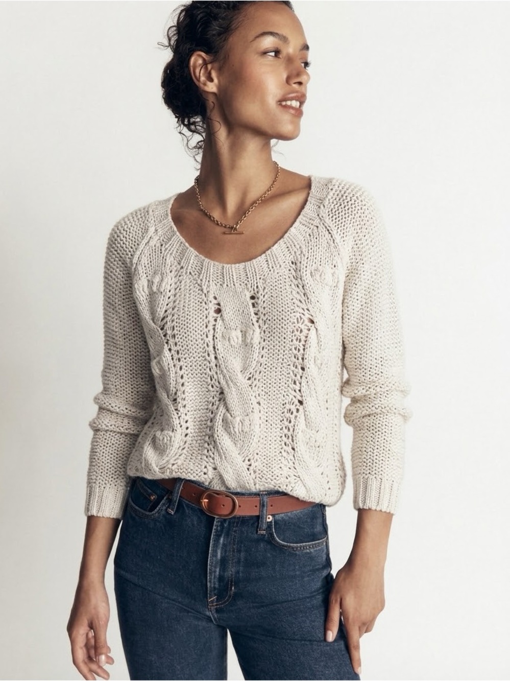 French Connection Chunky Cable Knit Sweater Size Small Cream Ivory Cozy Fall